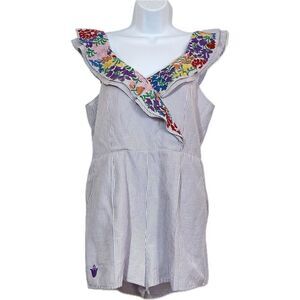 J Marie Embroidered Melissa Romper Playsuit Purple White Striped Womens Size M